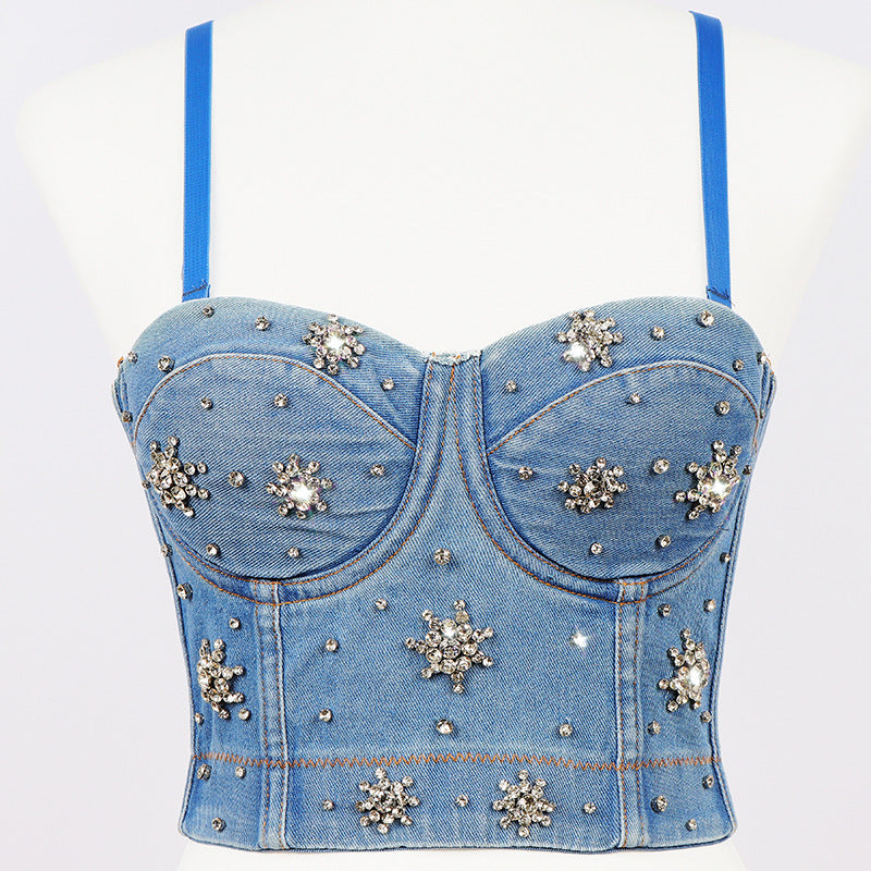 Denim Beaded Backless Crop Top with High Waist and Belly Show for Shaping