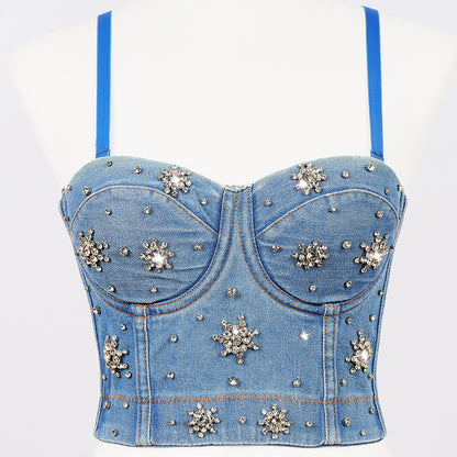 Denim Beaded Backless Crop Top with High Waist and Belly Show for Shaping
