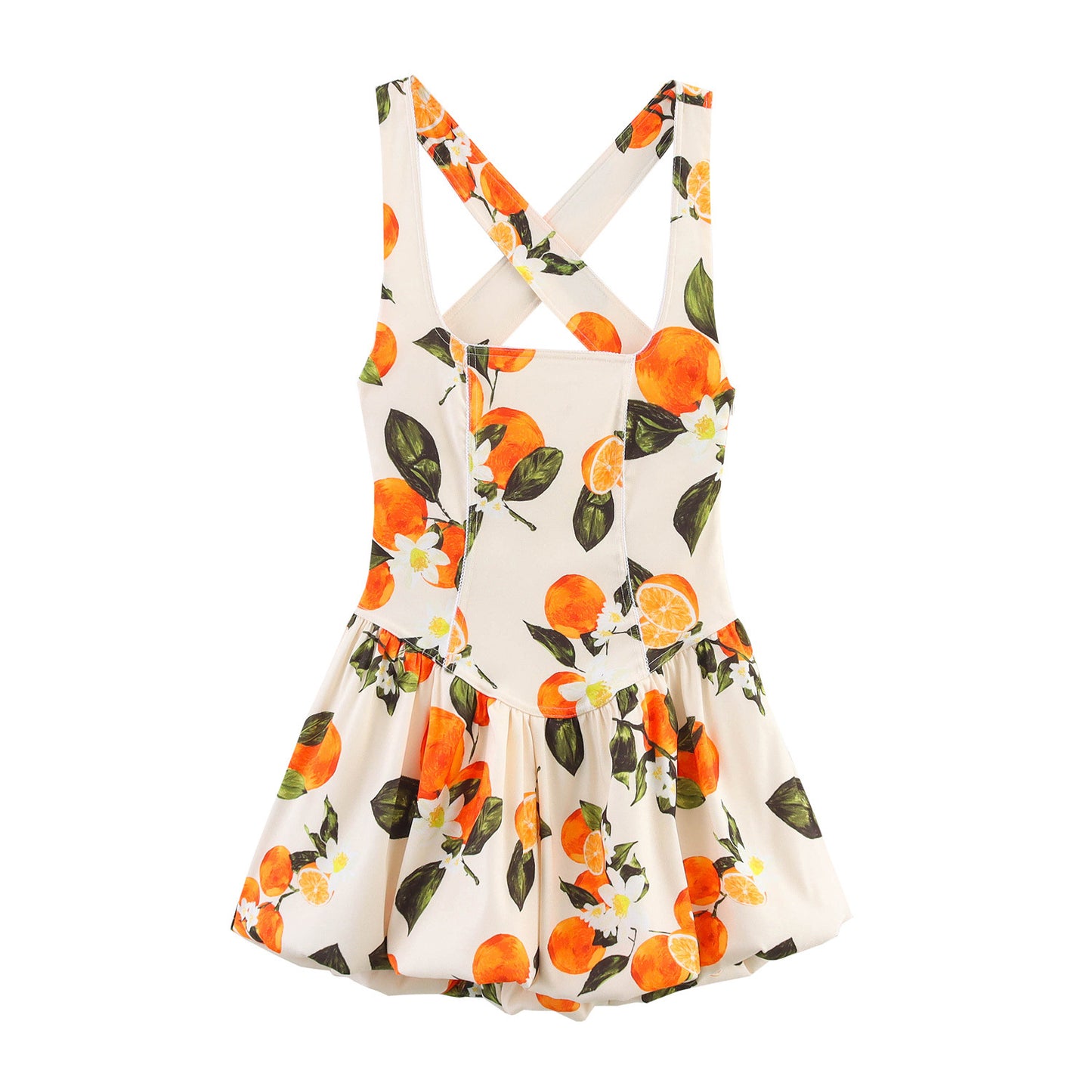 Low neck fruit patterned camisole dress for women.
