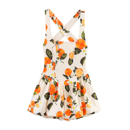 Low neck fruit patterned camisole dress for women.
