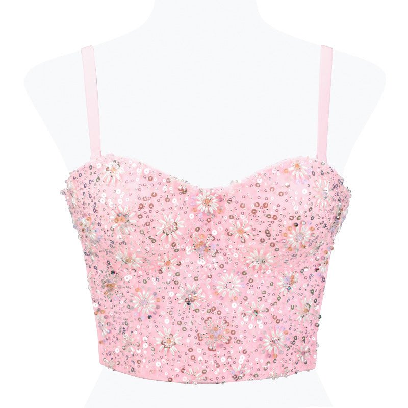 Women's Crop Top with Pink Sequins and Beads.