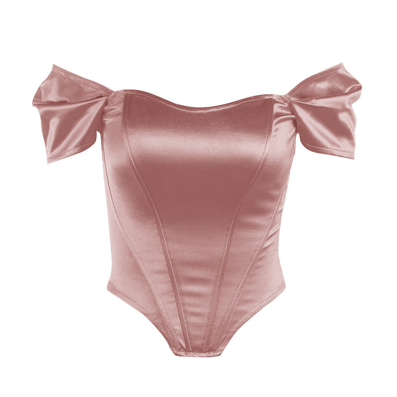 Fishbone waist cinched strapless satin one shoulder top for women