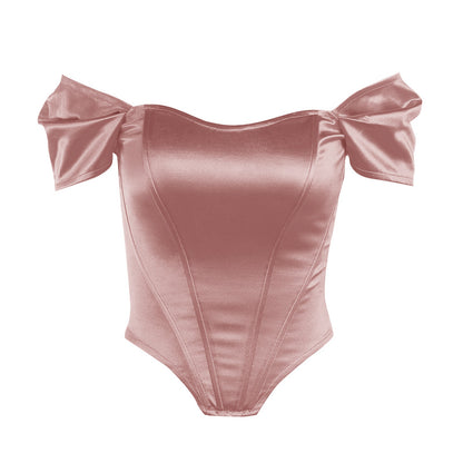 Fishbone waist cinched strapless satin one shoulder top for women