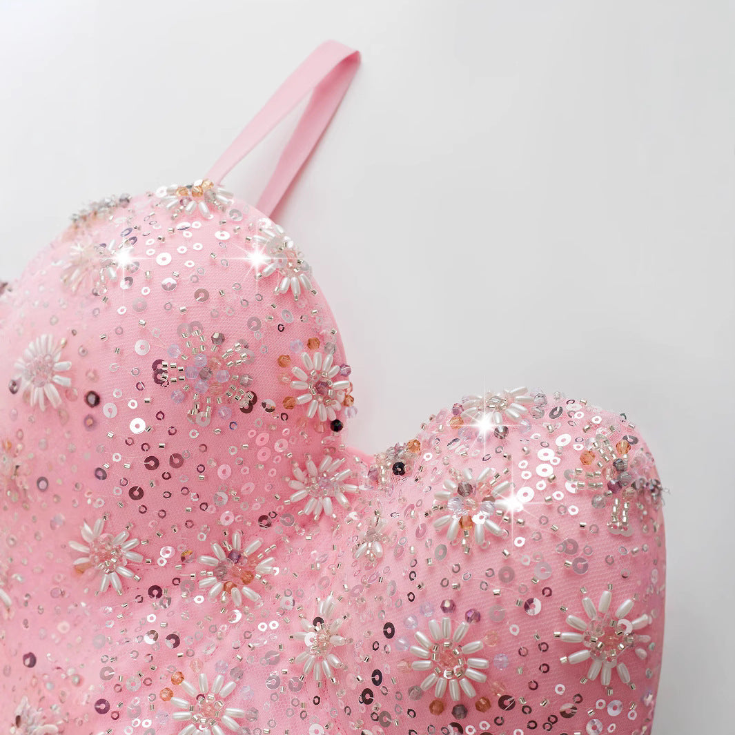 Women's Crop Top with Pink Sequins and Beads.