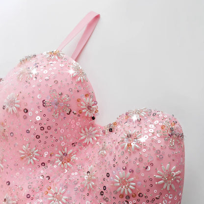 Women's Crop Top with Pink Sequins and Beads.