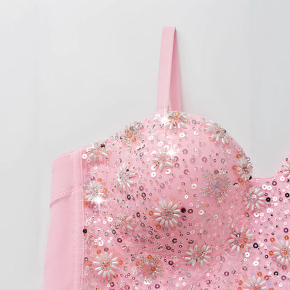 Women's Crop Top with Pink Sequins and Beads.