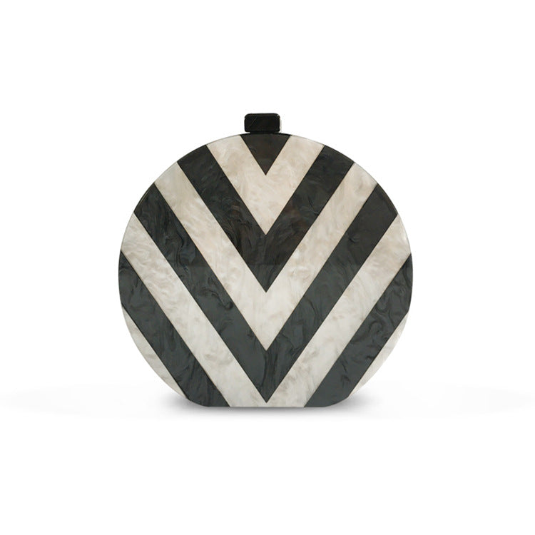 Women's Wallet Black and White Pearlescent Stitching Acrylic Clutch Fashion V-shaped Pattern Foreign Trade Dinner Bag Small Round Bag