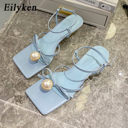 Fashion Pearl Decoration Clip Toe Square Toe Ankle Buckle Strap Sandals Summer Women Low Heels Party Dress Shoes