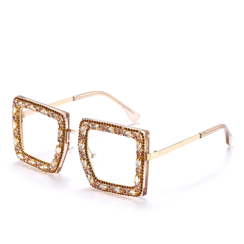 New Square Plain Glasses Hand-Encrusted Fashion Flat Mirror Anti-Blue Light Computer Glasses Frame