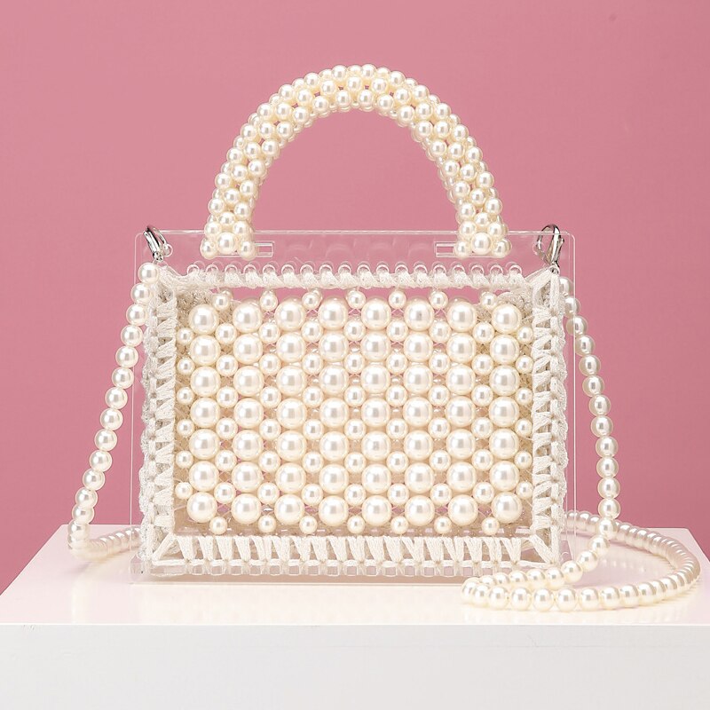 Luxury Acrylic Pearl Evening Clutch Bags Women Handmade Beaded Clear Purses And Handbags Ladies Woven Shoulder Bag Wedding Party