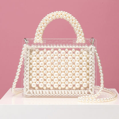 Luxury Acrylic Pearl Evening Clutch Bags Women Handmade Beaded Clear Purses And Handbags Ladies Woven Shoulder Bag Wedding Party