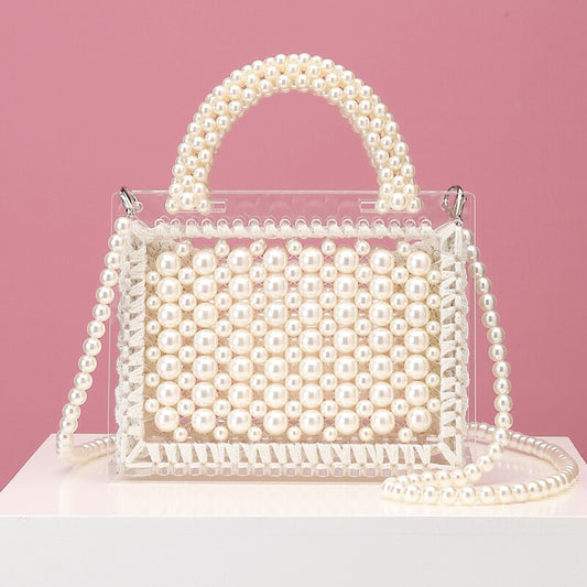 Luxury Acrylic Pearl Evening Clutch Bags Women Handmade Beaded Clear Purses And Handbags Ladies Woven Shoulder Bag Wedding Party