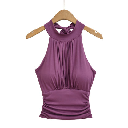 Sexy Backless Tie-up Pleated Fitted Halter Crop Top