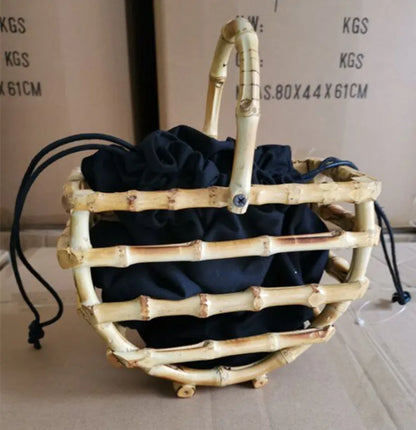 Handmade tassel bamboo knot bag water bucket bag semi-circular bamboo basket handbag for women