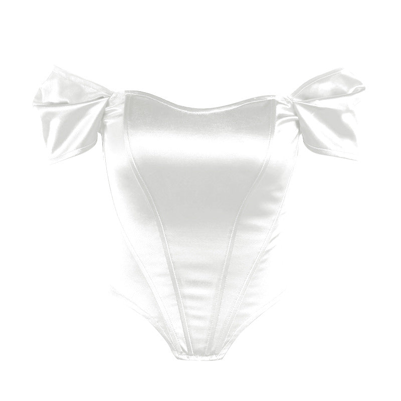 Fishbone waist cinched strapless satin one shoulder top for women