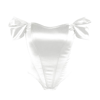 Fishbone waist cinched strapless satin one shoulder top for women