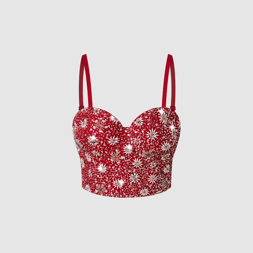 Women's Crop Top with Pink Sequins and Beads.